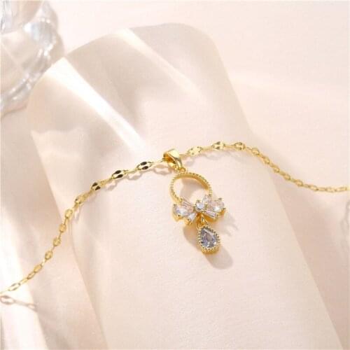 Vintage Gold Color Titanium Steel Chain Necklace Cute Water Drop Bowknot Pendant Necklace White Zircon Round Necklaces For Women