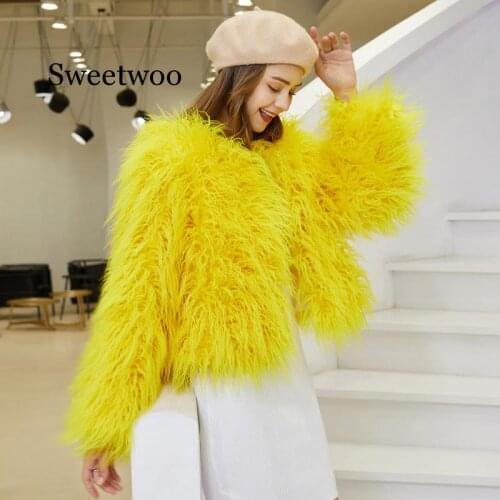 Fashion Furry Faux Fur Coat Women Fluffy Warm Long Sleeve Female Outerwear Autumn Winter Coat Jacket Hairy Collarless Overcoat