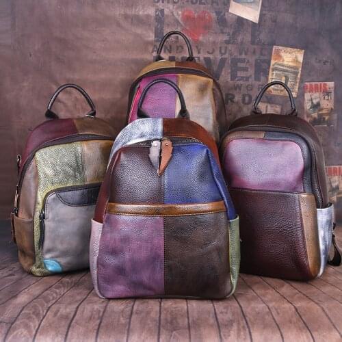 Womens Backpack Genuine Leather Travel Bag Brush Multifunctional Vintage Splice Color Contrast School Backpack For Women
