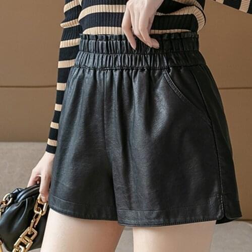LJSXLS 9 Colors Pockets PU Leather Shorts Women 2021 Autumn Casual Wide Leg Black Leather Shorts High Waist Loose Shorts Female