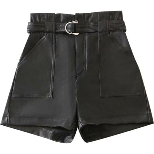 2021 New Women Chic Fashion With Belt Faux Leather Shorts Vintage High Waist Zipper Fly Pockets Female Short Pants Mujer