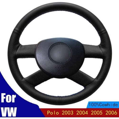 Car Steering Wheel Cover Hand-stitched Genuine Leather For Volkswagen VW Polo 2003 2004 2005 2006 Accessories