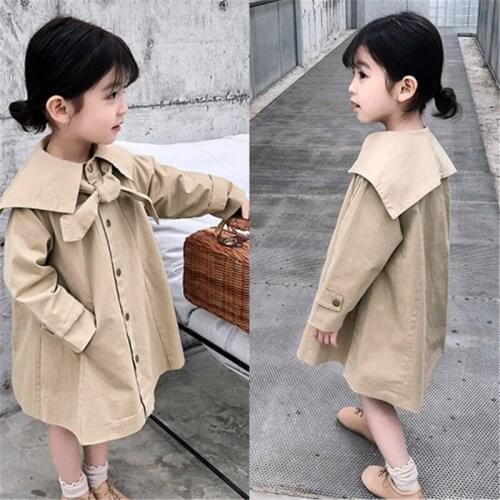 Khaki Design Girl Trench Cotton Coats for Autumn 2021 New Big Collar Children Outwear Trench Loose Solid Coats for Baby