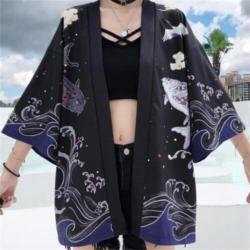 Japanese Wave Carp Print Coat Traditional Clothing Black Kimono Cardigan Women Men Japanese Obi Male Yukata MenS Haori Shirt