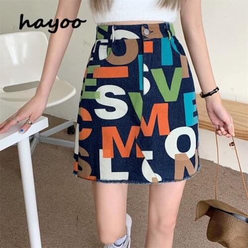 Womens large size personalized color letter printed denim skirt high waist all-match slimming A- line skirt for girls