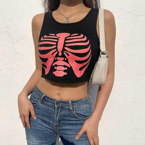 Y2K Womens Rib Knit Tank Tops 90s Girls Trendy Sleeveless Round Neck Skeleton Print Crop Tops Streetwear Basic Vest Tops