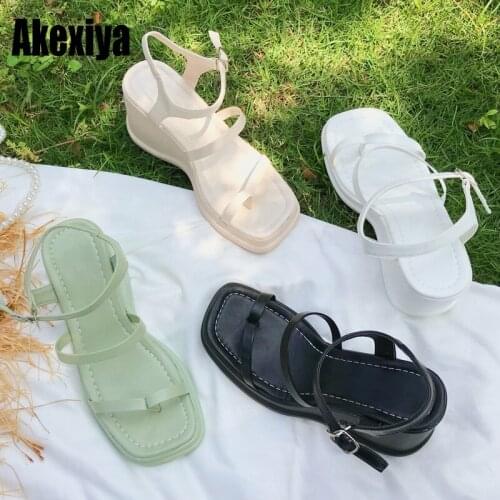 Thick-soled Sandals Women 2021 New One-word Buckle Sandals Womens Flat-bottomed Korean Version of Roman Wedge Sandals BC412