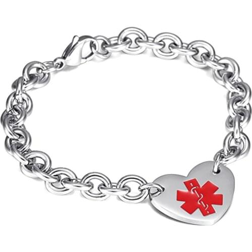 New Arrive Womens Jewelry Medical Bracelets Engraved Stainless Steel Rolo Chain Heart Bracelet 8.2"