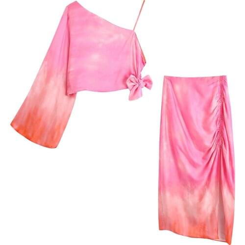 Womens Fashion Tie Dye Asymmetrical Top Long Sleeve T-shirt Pleated Split Skirt Suit