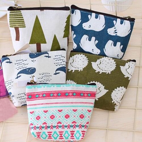 Women Cute Wallet Cotton Linen Fabric Animal Pattern Coin Purse Zip Wallet Small Mini Bag Case Pouch Holder Money Bags