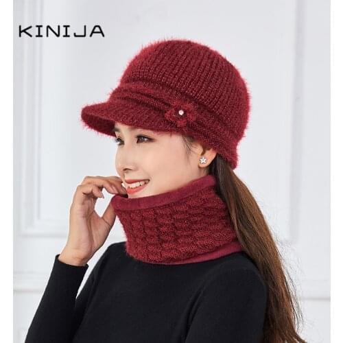 Female Winter flower wool neck warm knitted hat Russia outdoor ski protection face ear hat scarf mask set plush thick snow cap