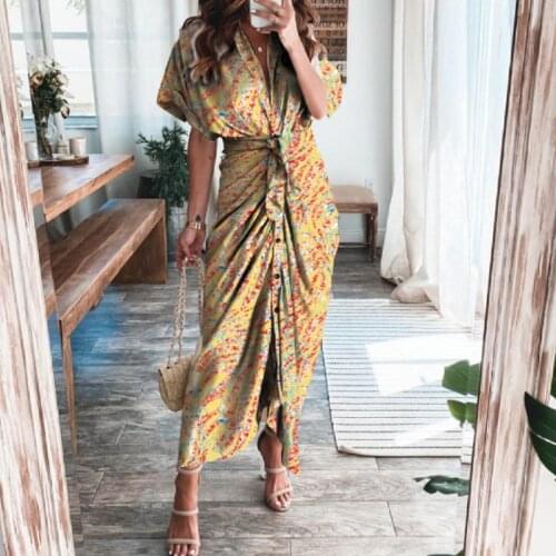 2021 Summer Elegant Satin Shirt Dress Women Button Short Sleeve Tunic Midi Dress Ladies Office V Neck Slit Draped Party Dresses