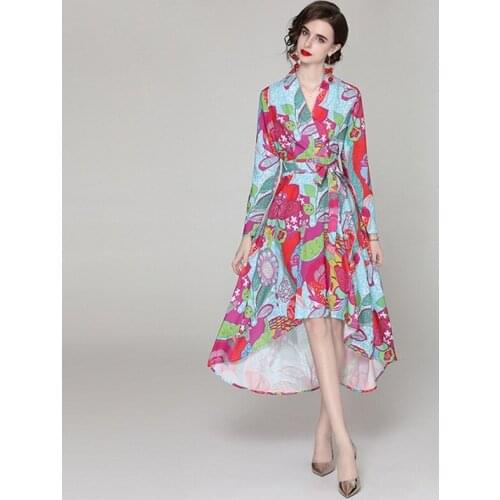 Fashion temperament high-end printed long-sleeved dress women 2021 summer lace-up slim slimming casual dress