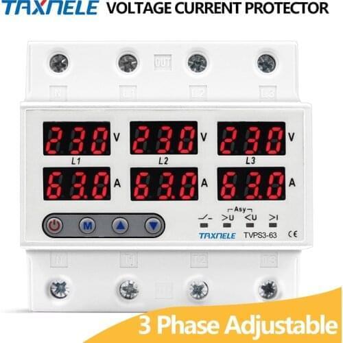 3 Phase 380V Din rail Voltmeter Ammeter adjustable Over and Under Voltage current limit protection Monitor Relays Protector