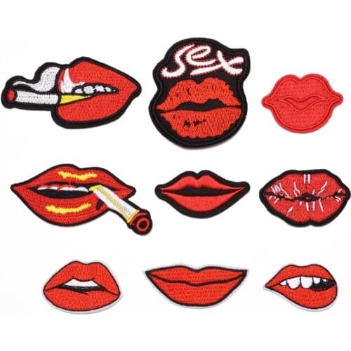 50pcs/lot New Cartoon Big Mouth Lips Letter Smoke Embroidered Patch Bag Denim Clothing Decoration Sewing Accessories Art Diy