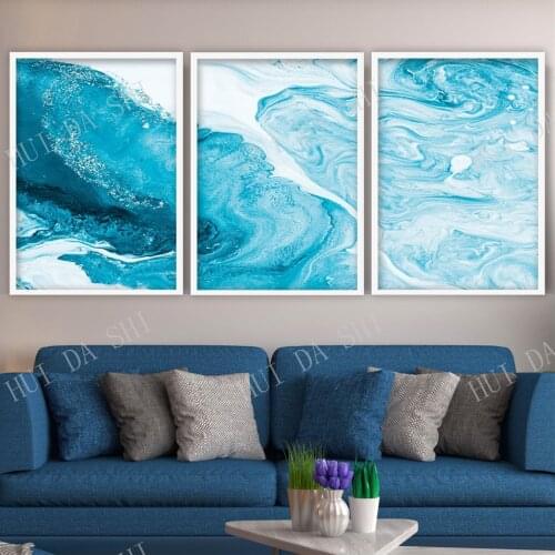 Abstract Set of 3 Prints Blue Silver Ocean Wall Art Print Picture Contemporary Print Gallery Wall Poster Decor Gift