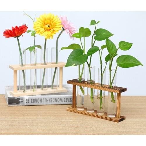 Hydroponic Glass Vase Desktop Plant Container Retro Wood Creative Test Tube Shaped Decorative Flower Pot