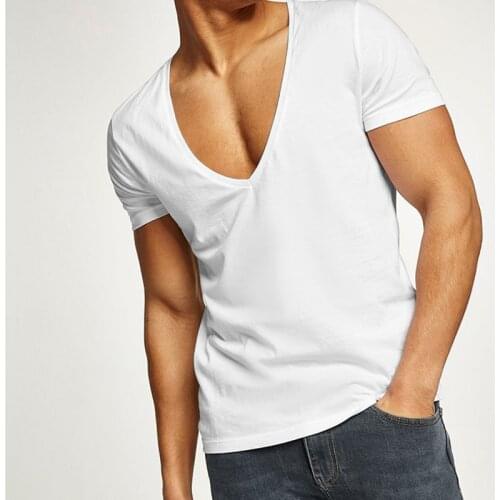 Mens T Shirt Summer 2019 Sexy Zipper Tee Casual Short Plain T Shirts Deep V-neck Sport Cotton Tees White Men Tops S One Piece