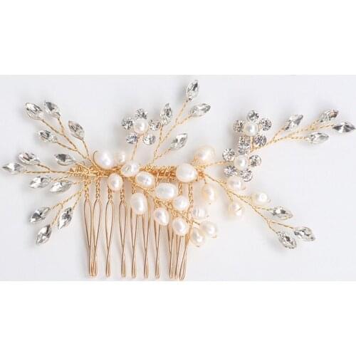 SLBRIDAL Handmade Wired Freshwater Pearls Rhinestones Crystal Wedding Hair Comb Bridal Headpieces Hair Accessories Women Jewelry