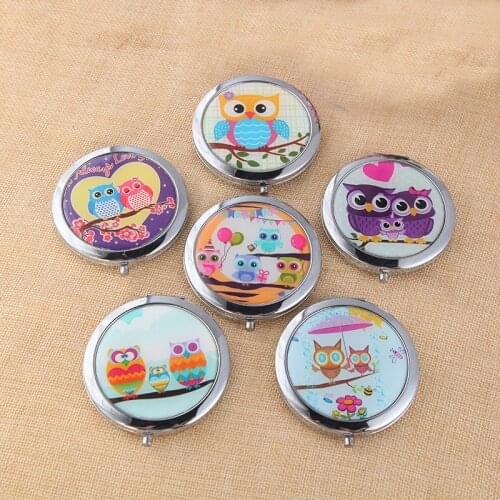 Cute OWl Pattern Pocket Makeup Mirrors Protable Round Folded Mirror Promotional Gifts Girls Favor 10pcs/lot P040