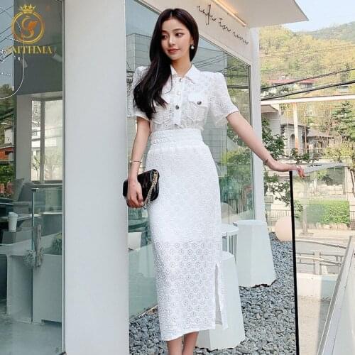 Two Pieces Set Women Summer Short Sleeve White Single-Breasted Blouses +Elastic Waist Sexy Split Korean Chic Office Skirt Suit