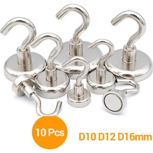 10 Pcs Magnetic Hooks Power Hook Magnet Holder Super Heavy Neodymium Rare Earth Hook 10mm D12mm D16MM Hold up to 1.5kg 2kg 5.5kg