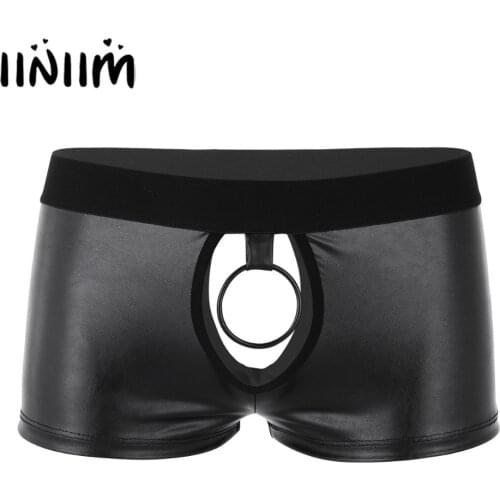 Mens Wetlook Lingerie Soft Cut Out Open Butt Low Rise Boxer Shorts Underwear Gay Male Panties with Ball Lifter Metal O-ring