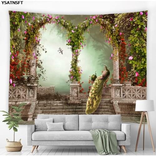 Peacocks Tapestry Roman Column Flowers Plant Psychedelic Forest Tapestry Wall Hanging Wall Covering Bedroom Blanket Hippie Decor