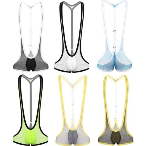 Mens See Through Sheer Fishnet Bulge Pouch One-piece Hommes Suspender Jockstrap Leotard Underwear Nightclub Bar Bodysuit