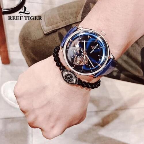 Reef Tiger/RT New Designer Casual Rose Gold Blue Dial Watches Convex Lens Automatic Mechanical Men Watches Sapphire Glass Watch