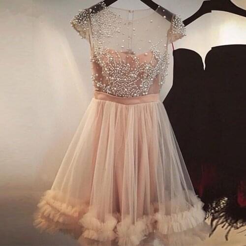 Blush Pink Pearls Tutu Knee Length Cocktail Dresses 2020 Ruffles Beaded Prom Gowns Illusion O-neck Girl Formal Party Dress