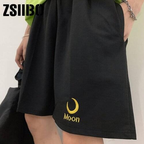 Sun and moon embroidery Shorts Women Summer Loose Solid Wide-leg Harajuku Casual Simple All-match Женские штаны black Large size