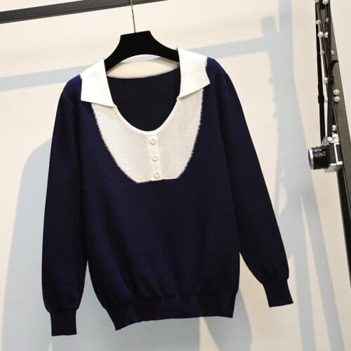 4XL plus size women autumn basic Oversized sweater winter 2021 long sleeve v neck button Patchwork kintting jumper pullover