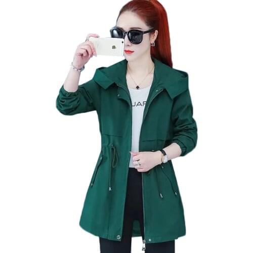 Womens Trench Coat 2021 Autumn New Drawstring Hooded Mid Long Overcoat Plus Size 5XL Female Windbreaker Basic Coats Casual Tops