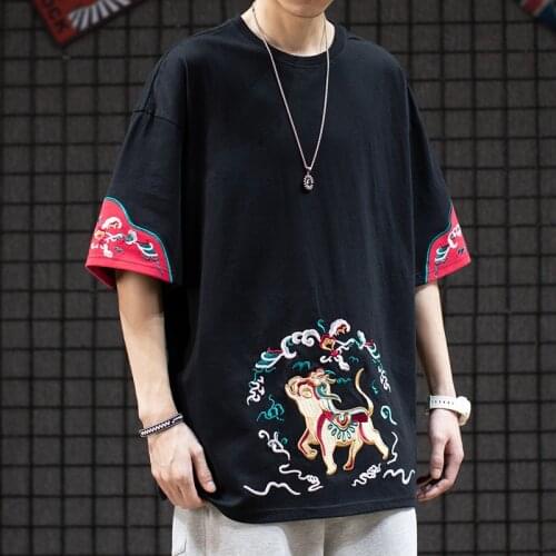 Guochao Vintage Animal Embroidered Short-sleeved T-shirt Couple Cotton Hip-hop Half-sleeved T-shirt oversized t shirt for men