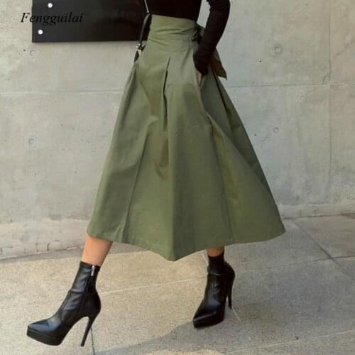 Ol Style High Waist Bowknot Green A-Line Skirts Ladies Office Flare Long Skirts Womens Faldas Streetwear 2021 Spring