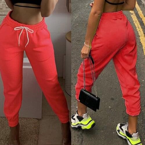 Womens Fashion Casual Solid Color Drawstring Pants Sweatpants Orange