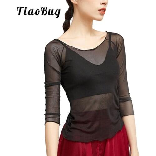 Women Ballet Dance Mesh Top See Through Long Sleeve Tee T-Shirt Blouse For Dancer Practice Gymnastics Cover Up Workout Tops