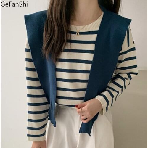 Autumn Winter Sweater Vintage Striped O-Neck Female Women Knitting Pullovers Sweaters Casual Loose Knitted Tops Fashion Sweater