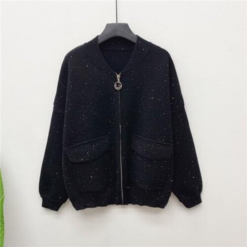2021 Women Knitted Sweater Spring Autumn Sequins Long Sleeve V-Neck Zipper Soft Warm Short Cardigan Coat Loose Ladies Tops H1083