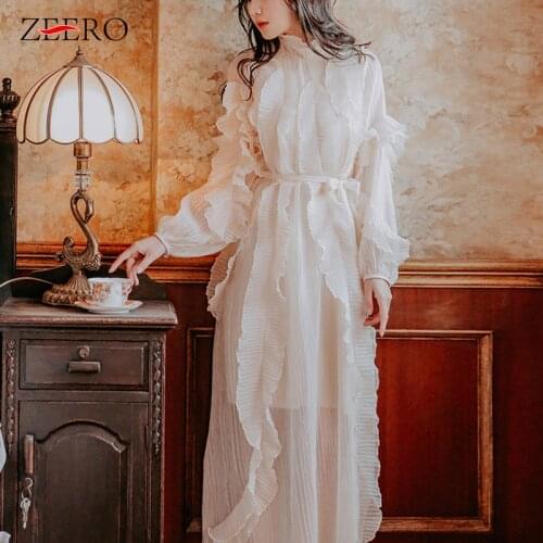 Korean 2019 Women Autumn Vintage Runway Long Dress Elegant Boho Long Sleeve Lace Up Pleated Maxi Ruffle Party Dresses Vestidos
