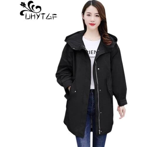 UHYTGF Oversized coat female solid color wild casual spring autumn trench coat for women hooded zipper elegant short clothes1006