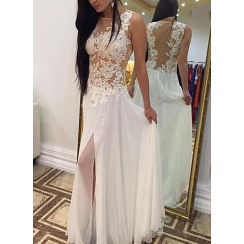 2020 Modern Bohemian Wedding Dresses Chiffon High Slit Lace Illusion Flowers Boho Dubai Arabic Customize Bridal Dress