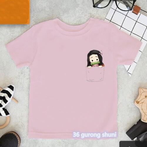 2021 Demon Slayer T Shirt Pocket аниме Anime Clothes Kawaii T-Shirts Girls T-shirt Cartoon Print Kids Clothes Harajuku Top