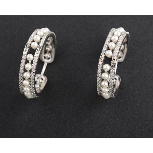 3mm white sea shell pearl gold plated cubic zirconia pave circle hoop earrings