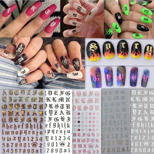 3D Laser ABC Letter Decals Nail Art Stickers English Old Font Black Number Tattoo Nail Design Water Sliders Manicure Wraps