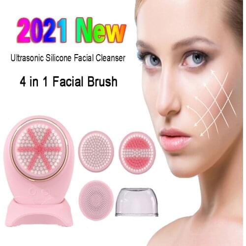 4 In 1 Facial Cleansing Brush Wireless Charging Silicone Ultrasonic Vibration Face Cleaner Machine Deep Cleaning Skin Care Tools