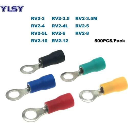 500Pcs Ring Insulated Crimp Terminals Electrical Ferrules RV2-3/4/5/6/8/10/12 Wire Cable Connector 27A 16-14AWG 1.5-2.5mm2