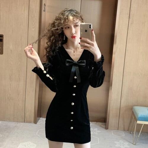 Plus Size Korean Style Velvet Dress Ladies Singer Breasted Mini Dinner Dress for Women Black Vestidos Outono Inverno 2020