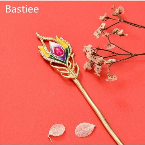 Bastiee Peacock Feather 925 Sterling Silver Hair Stick Women Fushia Zircon Golden Plated Ethnic Hmong Luxury Hairpin